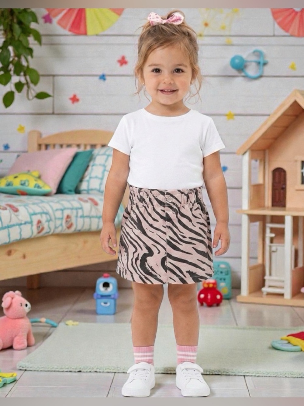 H&M Girls Zebra Print Paperbag Denim Skirt Size 4-5Y Beige/ Black